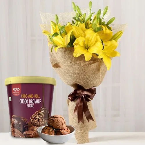 Lavish Yellow Lilies Bouquet with Choco Brownie Fudge Ice Cream from Kwality Walls