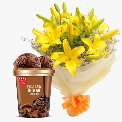 Soft Yellow Lilies Bouquet with Chocolate Ice-Cream from Kwality Walls