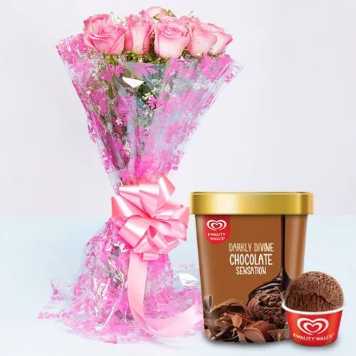 Elegant Pink Roses Bouquet with Chocolate Ice-Cream from Kwality Walls