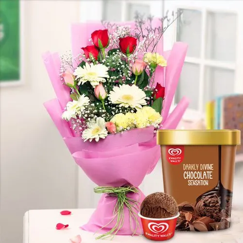 Splendid Mixed Flower Arrangement with Chocolate Ice-Cream from Kwality Walls