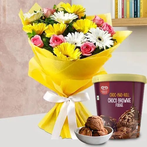 Gorgeous Mixed Flower Arrangement with Choco Brownie Fudge Ice Cream from Kwality Walls