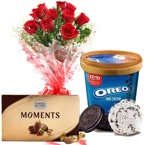 Exclusive Red Roses Bouquet n Kwality Walls Ice Cream with  Ferrero Rocher Moments