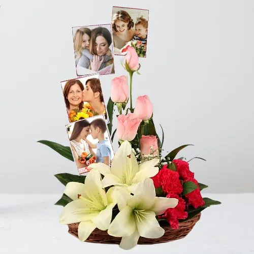 Fantastic Mixed Flowers N Personalized Photos Basket