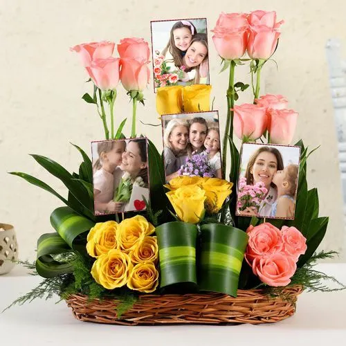 Classy  Pink n Yellow Roses with Personalized Pics in Basket