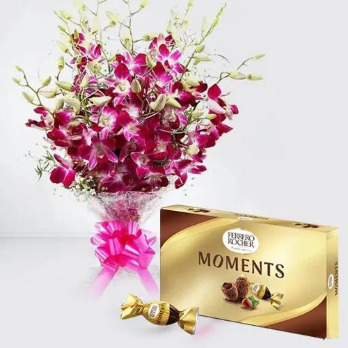 Charming Orchids Bouquet with Ferrero Rocher Chocolate Box