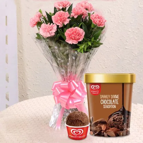 Radiant Pink Carnation Bouquet with Kwality Walls Chocolate Ice Cream