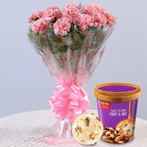Stunning Pink Carnation Bouquet with Kwality Walls Fruit n Nut Ice Cream