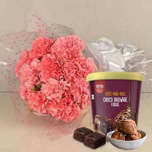 Fresh Pink Carnation Bouquet with Kwality Walls Choco Brownie Fudge Ice Cream