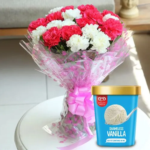 Delicious Vanilla Ice Cream from Kwality Walls with Assorted Carnation Bouquet