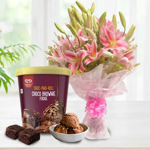 Artful Bouquet of Pink Lily with Choco Brownie Fudge Ice Cream from Kwality Walls