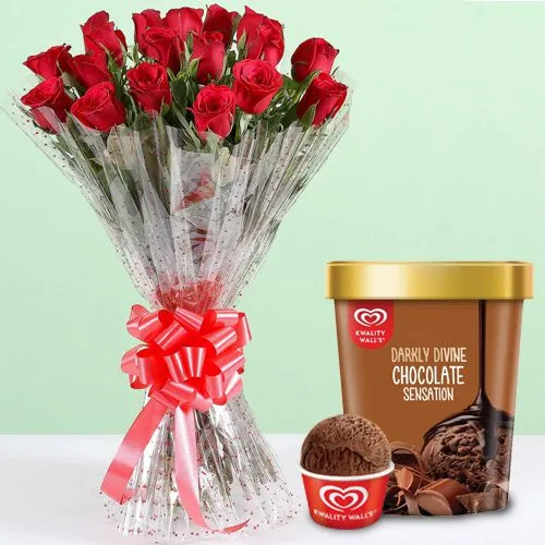 Premium Red Rose Bouquet with Chocolate Ice-Cream from Kwality Walls