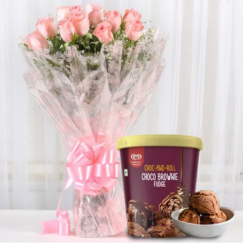 Delicate Pink Rose Bouquet with Choco Brownie Fudge Ice Cream from Kwality Walls