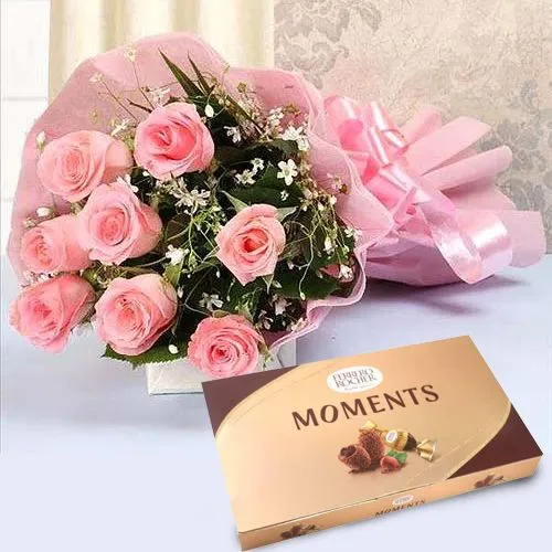 Delicate Pink Roses Bouquet with Ferrero Rocher Moment Chocolate Box