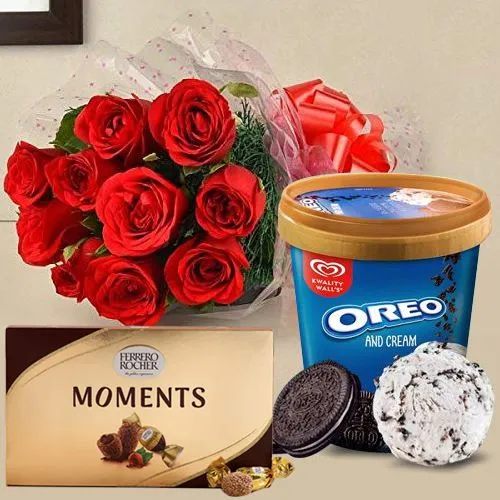 Classic Red Roses Bouquet with Kwality Walls Ice Cream N Ferrero Rocher Moments