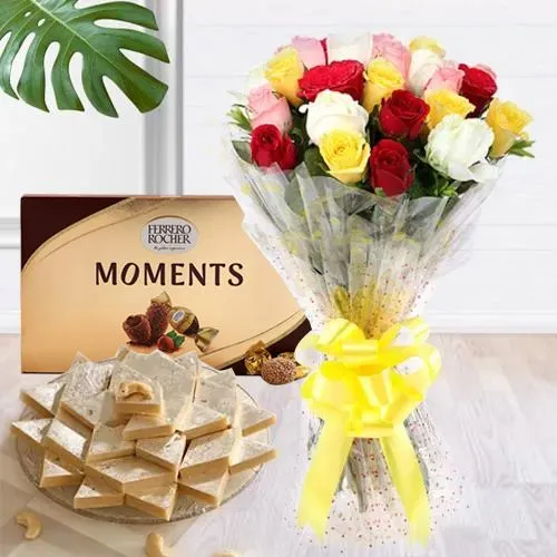 Colorful Roses Bouquet with Kaju Barfi N Ferrero Rocher Moments