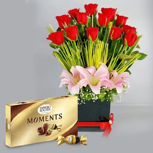 Stylish Gift Box of Red Roses n Pink Lilies with Ferrero Rocher Moments