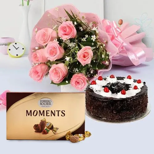 Wholesome Black Forest Cake with Pink Roses N Ferrero Rocher Moments