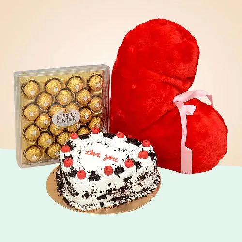 Romantic Gift of Heart Cake N Cushion with Ferrero Rocher