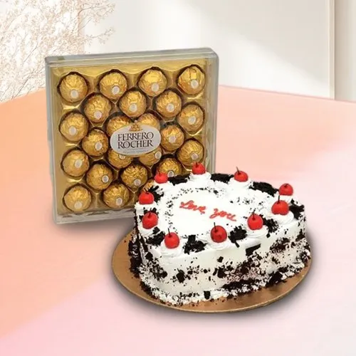 Marvelous Combo of Ferrero Rocher Pack with Heart Shape Black Forest Cake