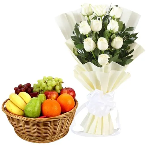 Warm Remembrance White Roses N Fresh Fruits Combo