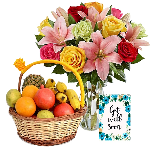 Elegant Roses N Lilies with Fruits Basket