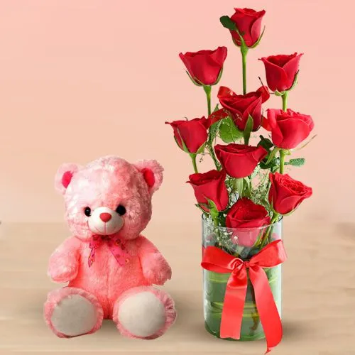 Fresh Red Roses N Teddy Combo