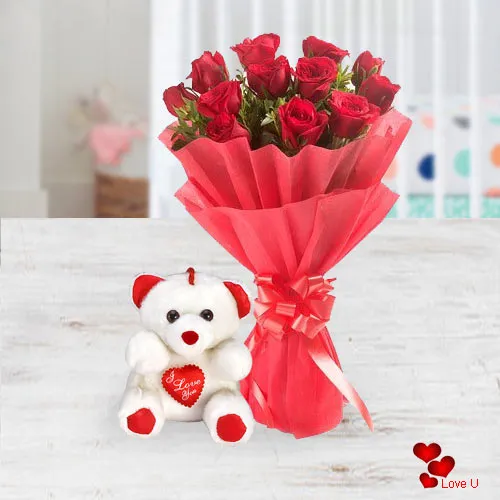Deliver Online Red Roses Bouquet N Teddy
