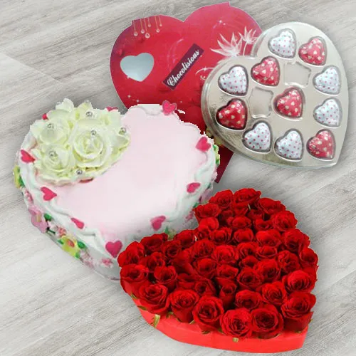 Generous 24 Red Roses, Heart Shaped Chocolate Box and 1 Lb Heart Shaped Cake