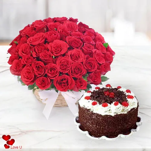 Online Order Red Roses Basket with 5 Star Bakery Cake