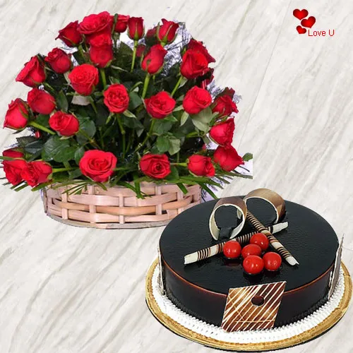 Send Online Red Roses Basket with Chocolate Cake