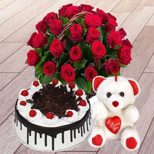 Gift Online Red Roses with Black Forest Cake N Teddy