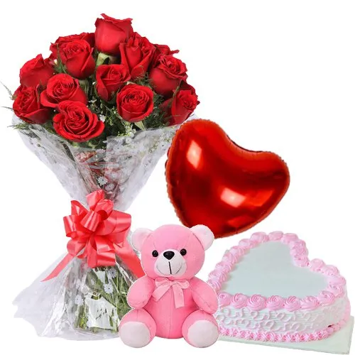 Book Red Roses Bunch with Teddy, Cake N Balloon Online