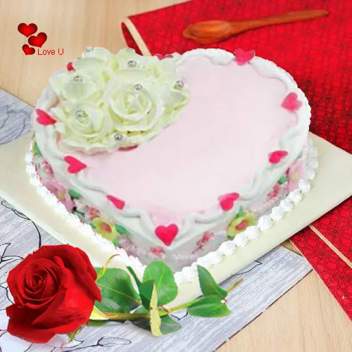Shop Online Heart Shape Cake N Single Red Rose