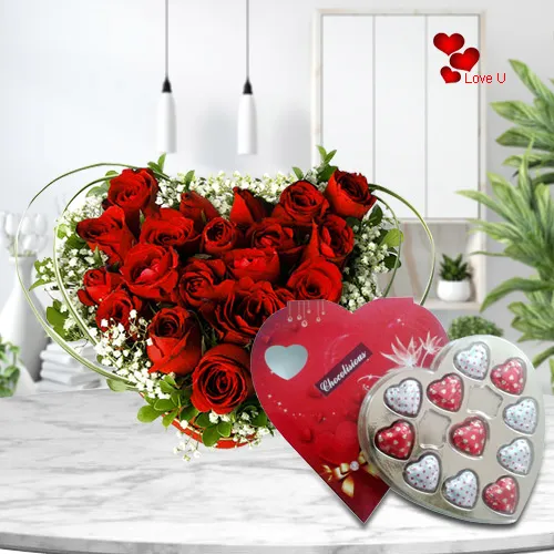 Order Heart Shape Arranged Red Roses N Chocolate Box Online