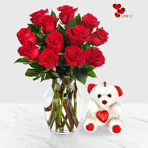 Gift Online Teddy with Red Roses in a Vase
