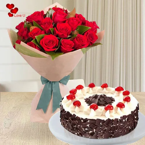 Deliver Bouquet of Red Roses N 5 Star Bakery Cake Online for Rose Day
