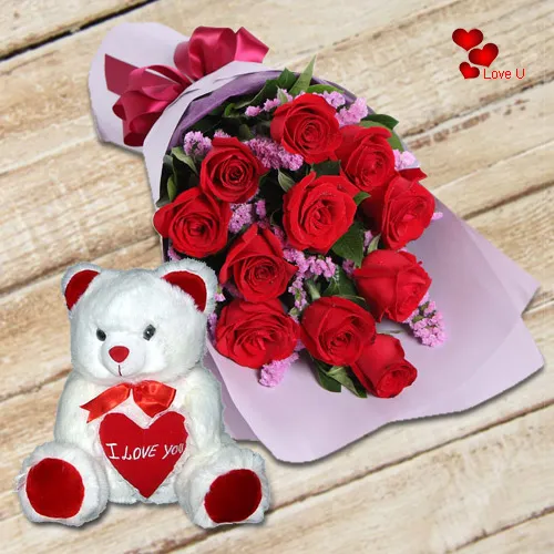 Send Online Bouquet of Red Roses with Teddy