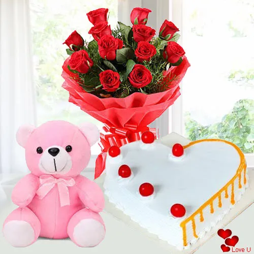Online Order Red Roses with Cake N Teddy