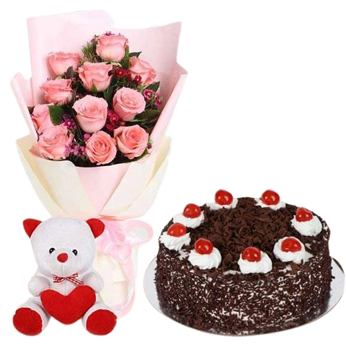 Order Online Pink Roses with Cake N Teddy