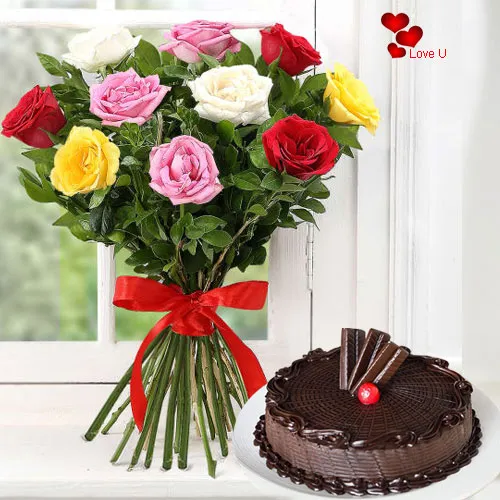V-Day Gift of One Dozen Mixed Roses N Cake Online