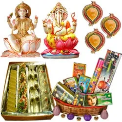 Lakshmi Ganesh Idols,Haldiram  Assorted sweets, Crackers and Diya