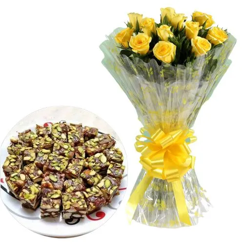 Charming Yellow Roses Bunch with Khajur Pak from Shree Mithai Chennai