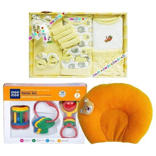 Amazing Tripling of Yellow Dress N Rattle Set with Neck Supporting Pillow