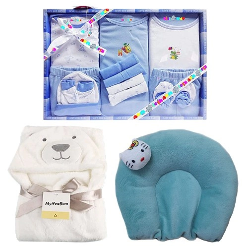Wonderful Clothing Set with Wrapper Blanket N Neck Supporting Pillow for Boys