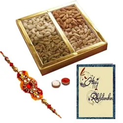 Fantastic Assorted Dry Fruits with A Decorative free Rakhi, Roli Tilak and Chawal