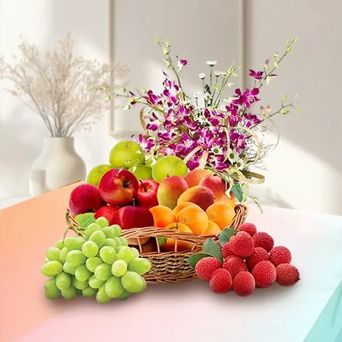 Refreshing Fresh Fruits Basket Hamper with Orchid Decor