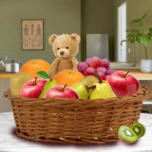 Tasty Basket of Fresh Fruits with Teddy