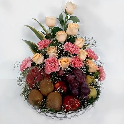 Exquisite Fruits with Orange Roses n Pink Carnations in Glass Vase