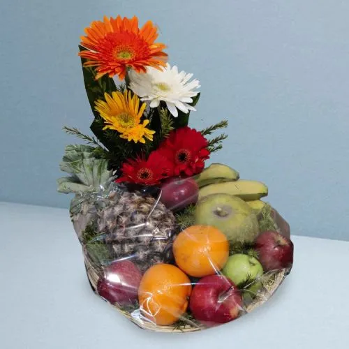 Orchard-Fresh Fruit Basket Decorated with Flowers
