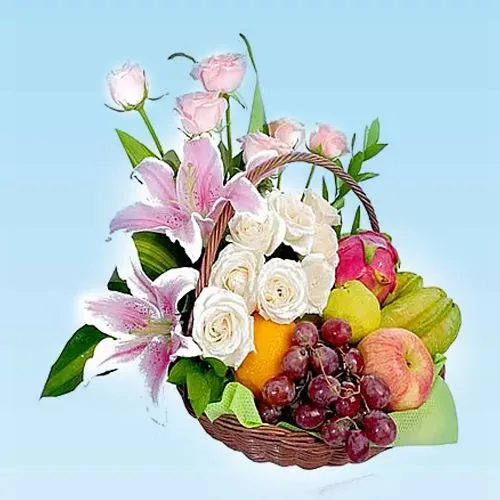 Garden Fresh Fruits Basket decorated with Lily and Roses